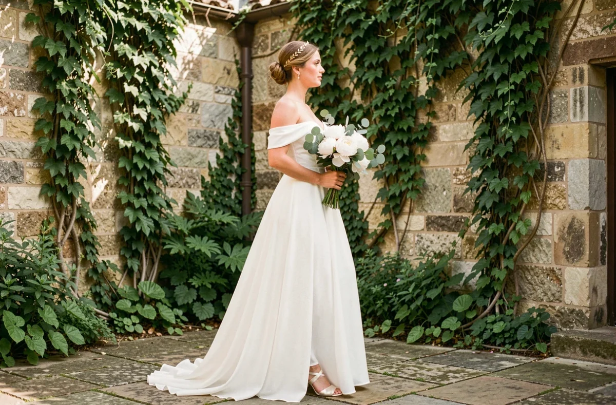 Mariée en robe de mousseline blanche tenant un bouquet de pivoines dans une cour en pierre décorée de lierre