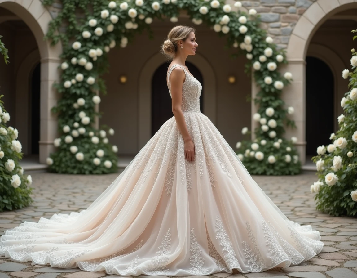 Mariée en robe princesse strass et paillettes dans un jardin avec arches en pierre et roses blanches