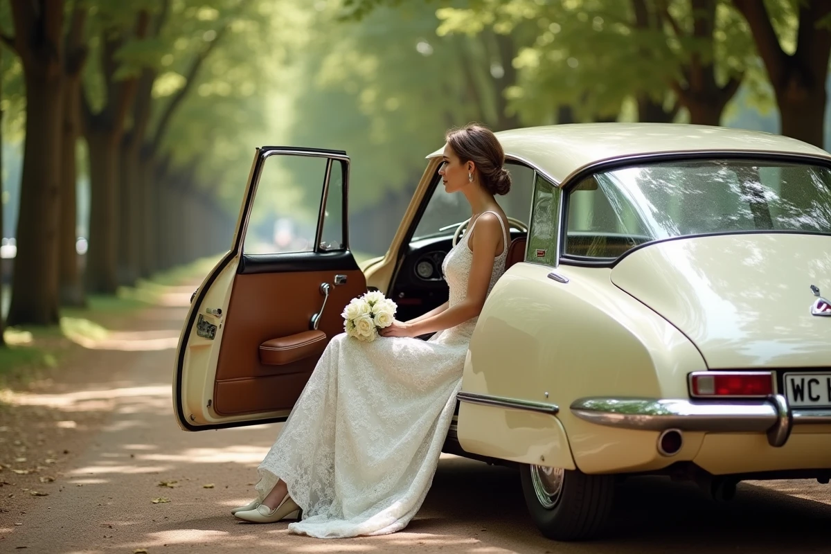 Mariée assise dans une Citroën DS crème vintage au bord du Canal du Midi à Toulouse