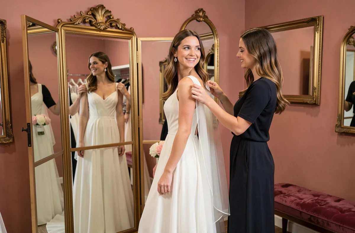 Jeune femme essayant une robe de mariée en mousseline dans la boutique Les Mariées d'Émilie Côté Coeur à Nantes, devant un miroir triptyque