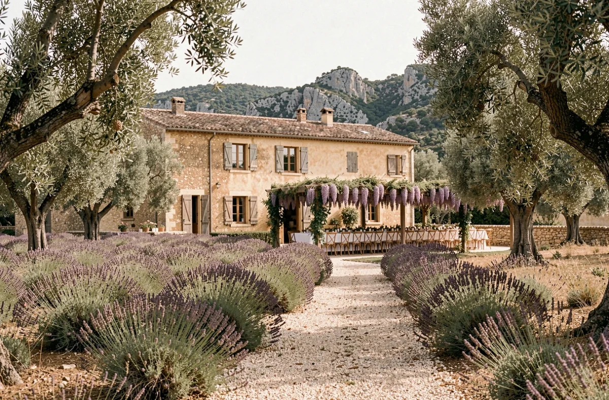 Réception de mariage au Mas des Comtes de Provence avec table dressée sous une pergola fleurie entourée d'oliviers et de champs de lavande dans les Alpilles