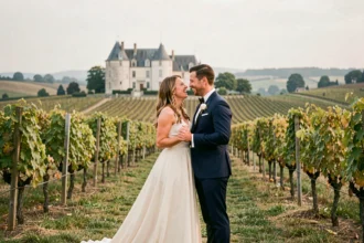 Couple de mariés riant lors d'une cérémonie en plein air dans les vignobles du Maine-et-Loire avec un château en arrière-plan