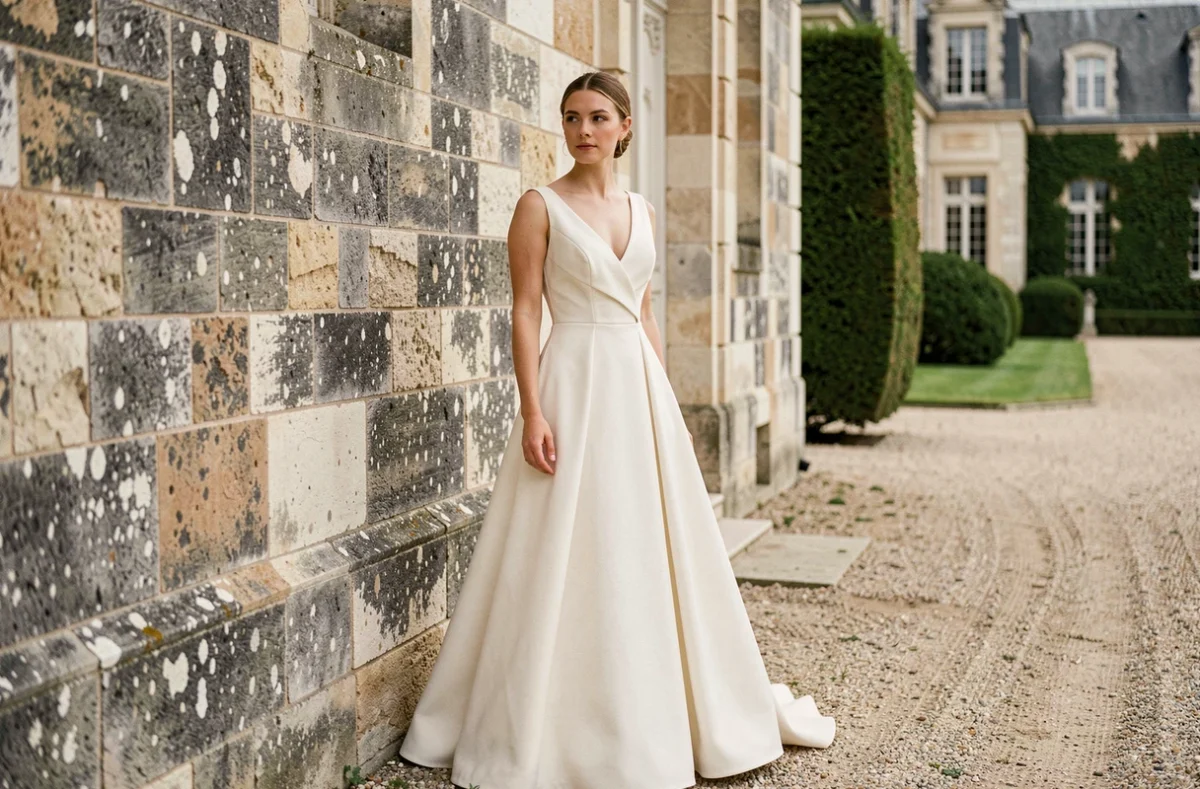 Mariée au style éditorial soigné posant devant un mur en pierre d'un domaine de la Loire