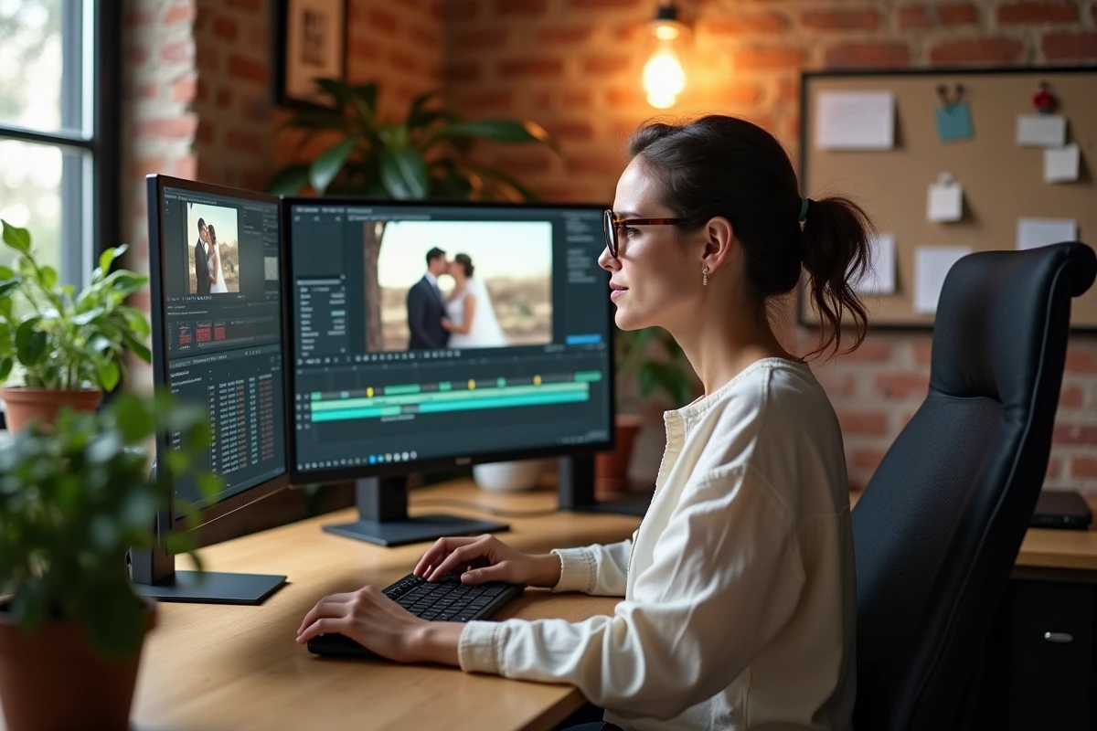 Monteuse vidéo en train d'éditer un film de mariage sur écran de montage dans un studio moderne