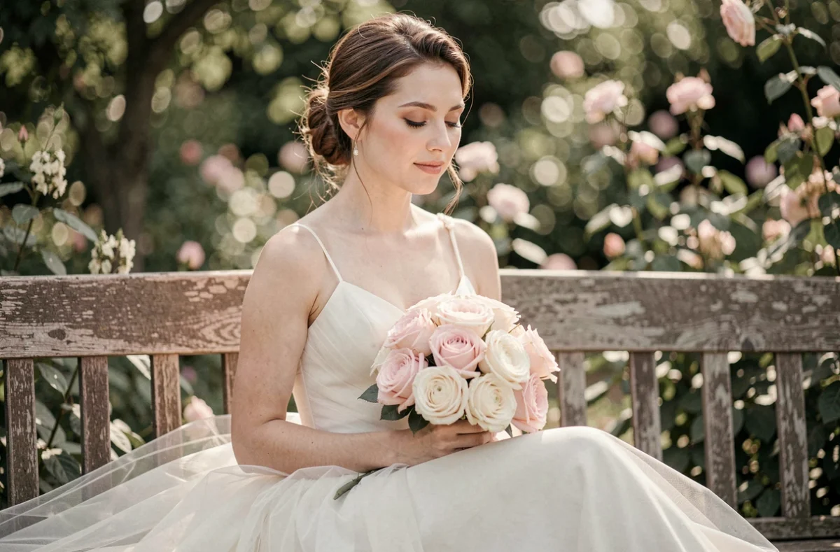 Mariée en moment de douceur et de sensibilité, assise dans un jardin fleuri, photographiée avec tendresse