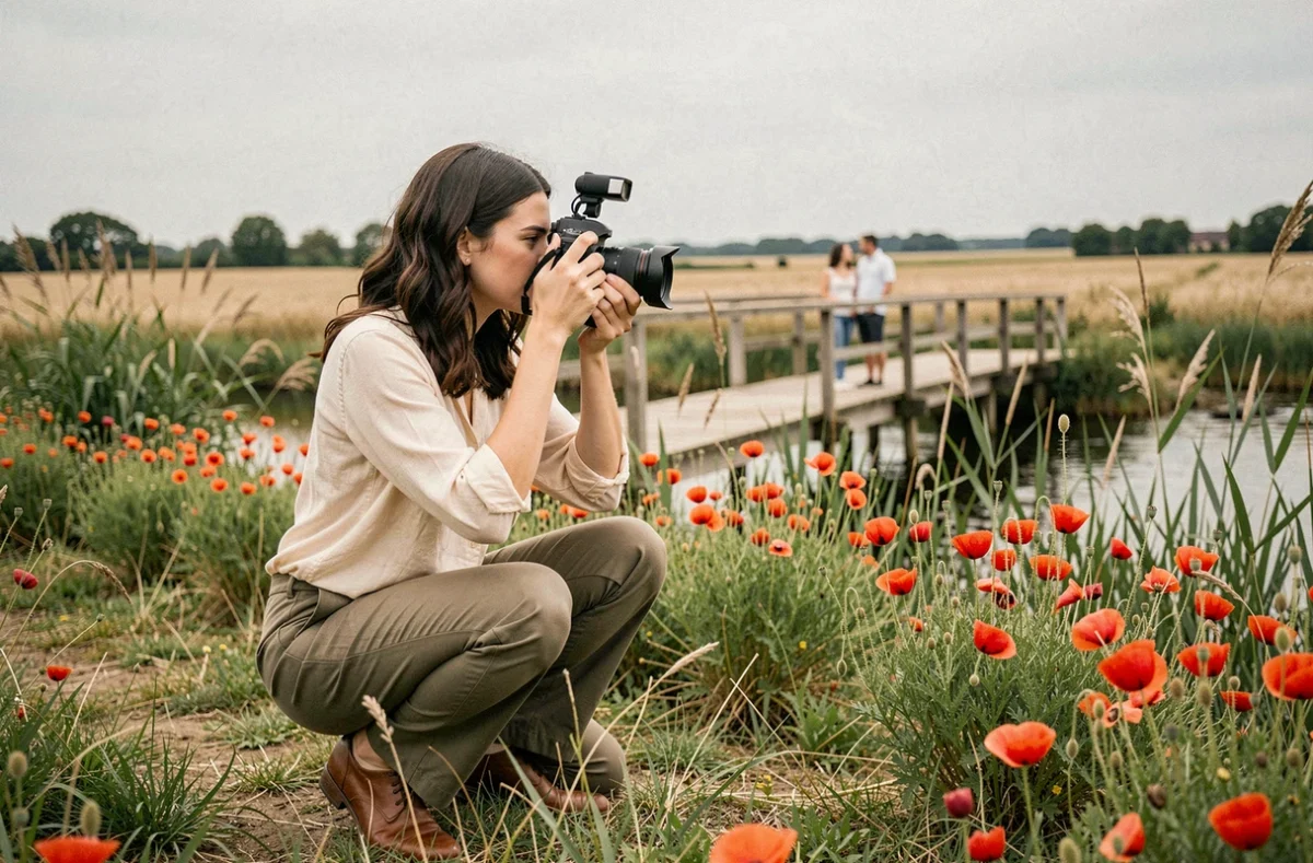 Nina Pontida vidéaste mariage filmant un couple sur un pont en bois dans les prairies des Pays de la Loire