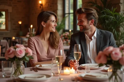 Couple célébrant leurs 17 ans de mariage avec des roses et des discours sur une table décorée pour leurs noces de rose