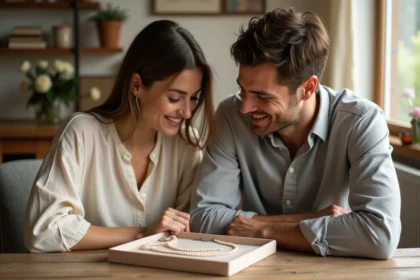 Couple célébrant leurs noces de perle avec un collier de perles sur un plateau de velours, ambiance chaleureuse et romantique