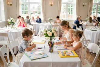 Nounou et enfants jouant dans une salle de réception de mariage