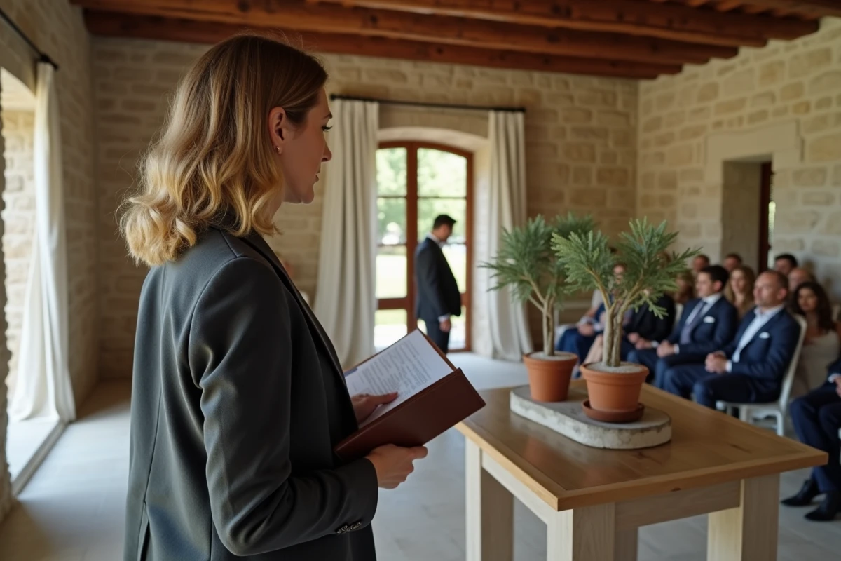 Officiant laïque conduisant une cérémonie de mariage dans une salle en pierre avec décoration naturelle