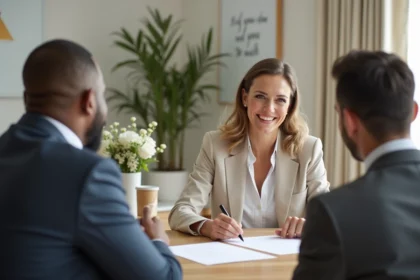 Organisateur de mariage souriant avec couple en bureau