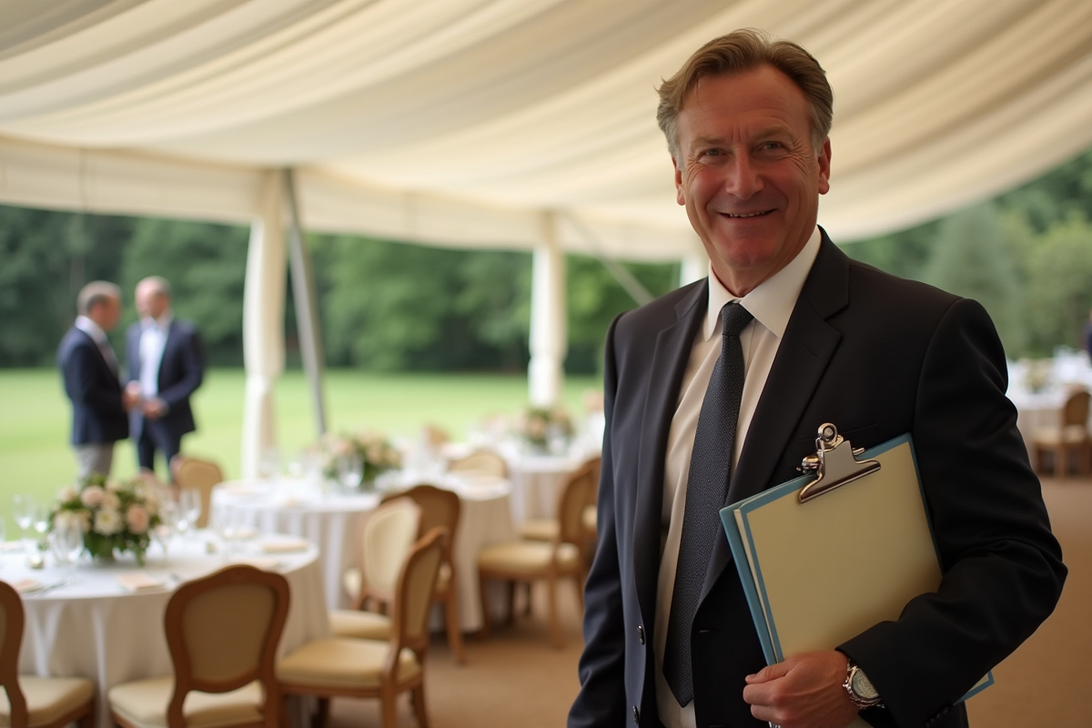 Organisateur de mariage avec un clipboard devant une réception en plein air