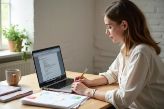 Femme consultant un planning de mariage DIY sur ordinateur portable avec des échantillons de tissu et des catalogues floraux sur son bureau en bois