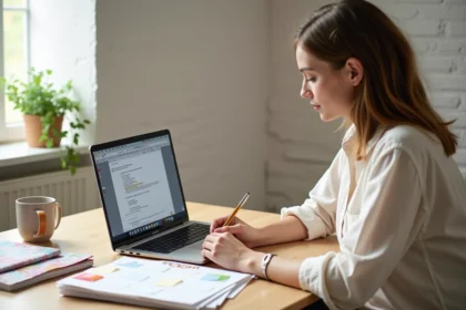 Femme consultant un planning de mariage DIY sur ordinateur portable avec des échantillons de tissu et des catalogues floraux sur son bureau en bois