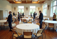 Groupe d adultes organisant une réunion dans une salle spacieuse