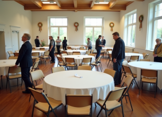 Placer les tables dans une salle des fêtes : astuces et conseils pour optimiser l’espace Groupe d adultes organisant une réunion dans une salle spacieuse