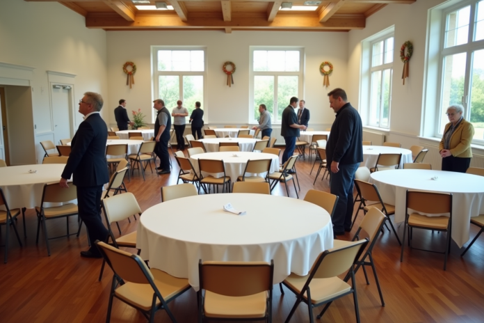 organisation-reunion-banquets Groupe d adultes organisant une réunion dans une salle spacieuse