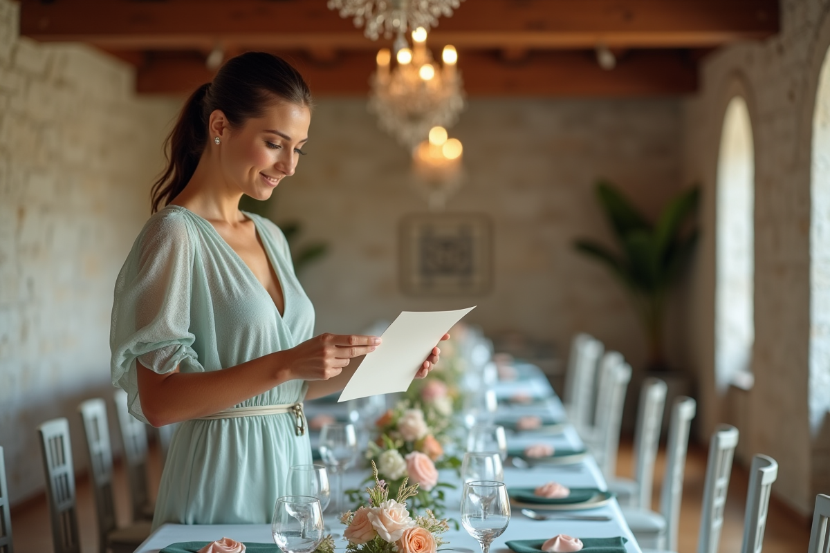 Organisatrice de mariage ajustant la décoration intérieure