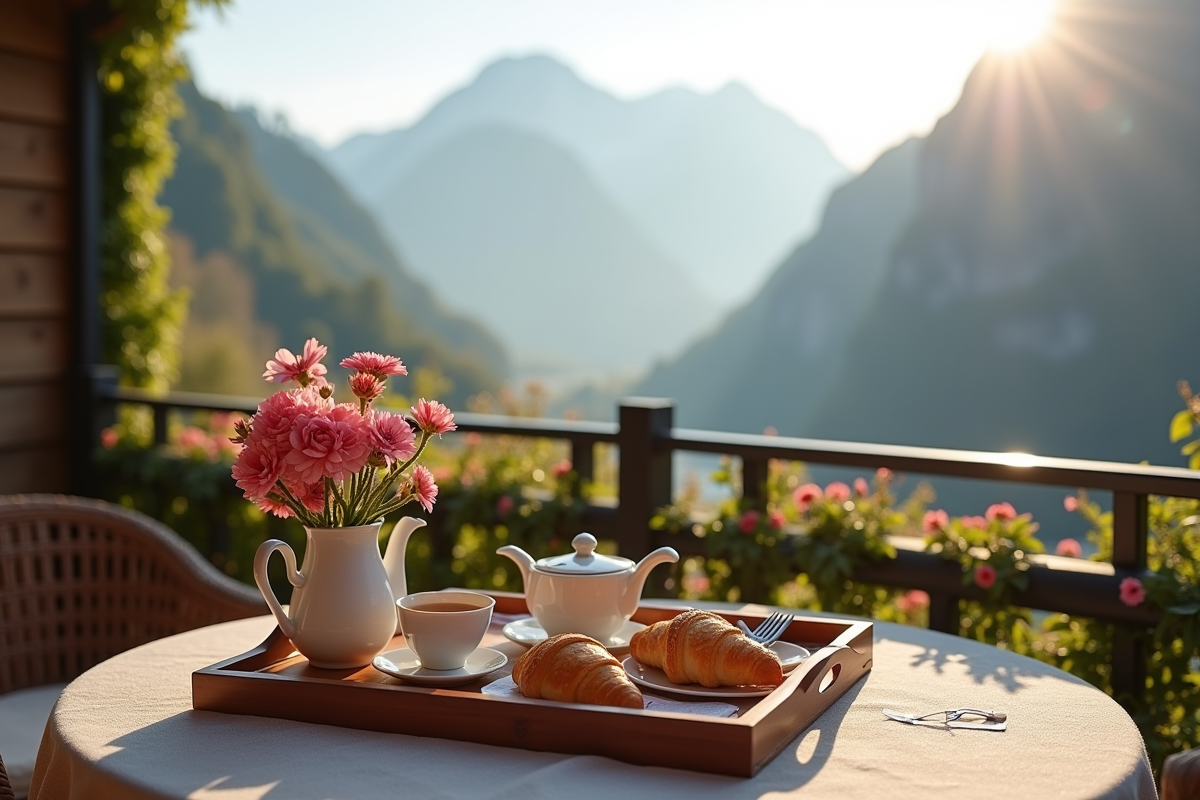 Petit déjeuner romantique avec vue sur montagne au matin