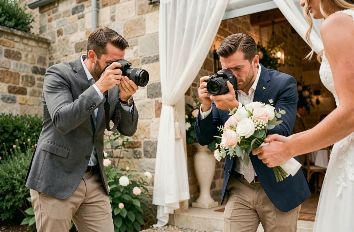 Duo de photographes professionnels travaillant ensemble lors d'un mariage, capturant des angles complémentaires