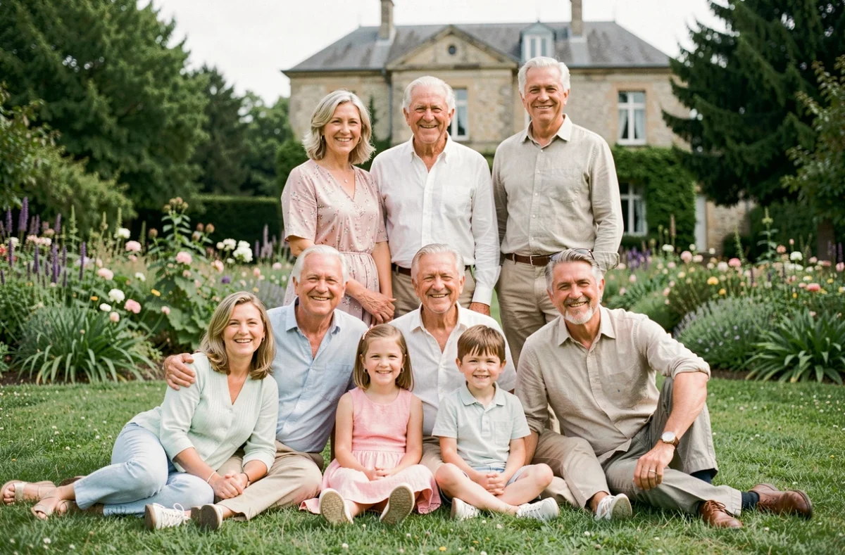 Portrait de famille multigénérationnel lors d'une séance portrait après un mariage dans un domaine campagnard