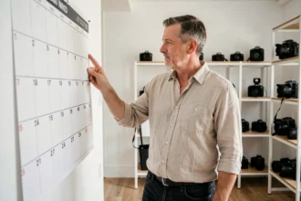 Photographe professionnel consultant un calendrier de réservations dans son studio à Chelles