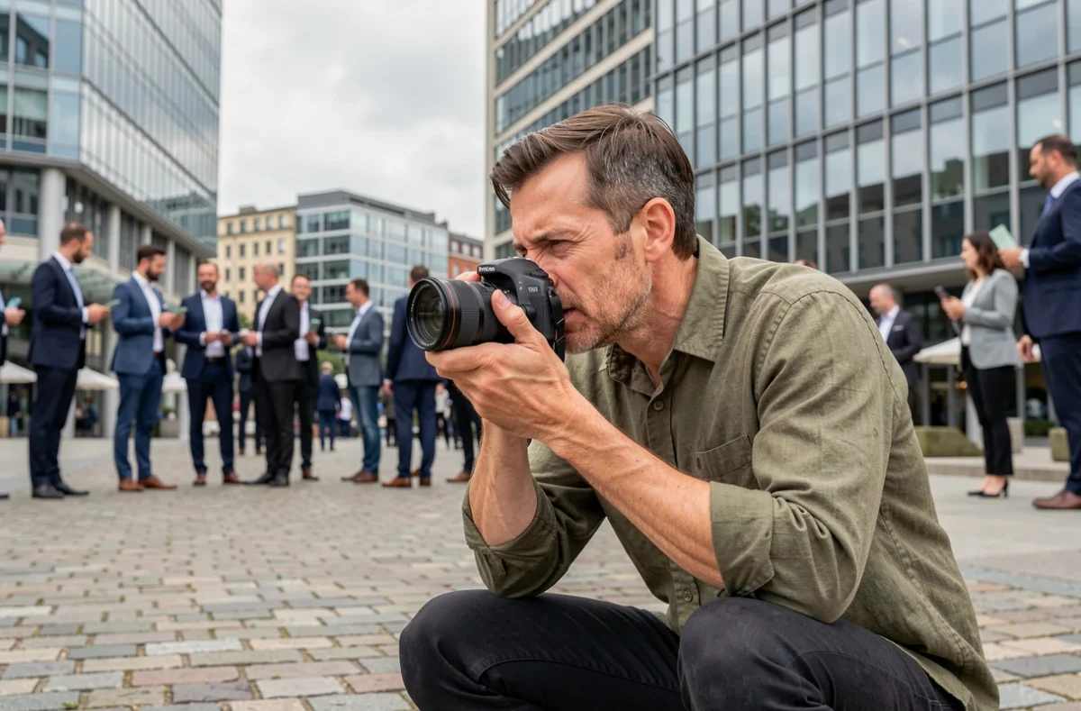 Photographe corporate capturant un événement d'entreprise en extérieur à Dunkerque
