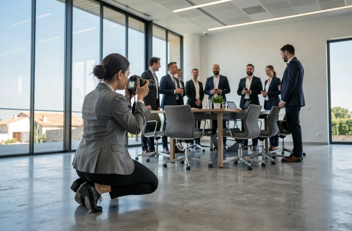 Photographe professionnelle capturant un événement d'entreprise dans une salle moderne à Marignane
