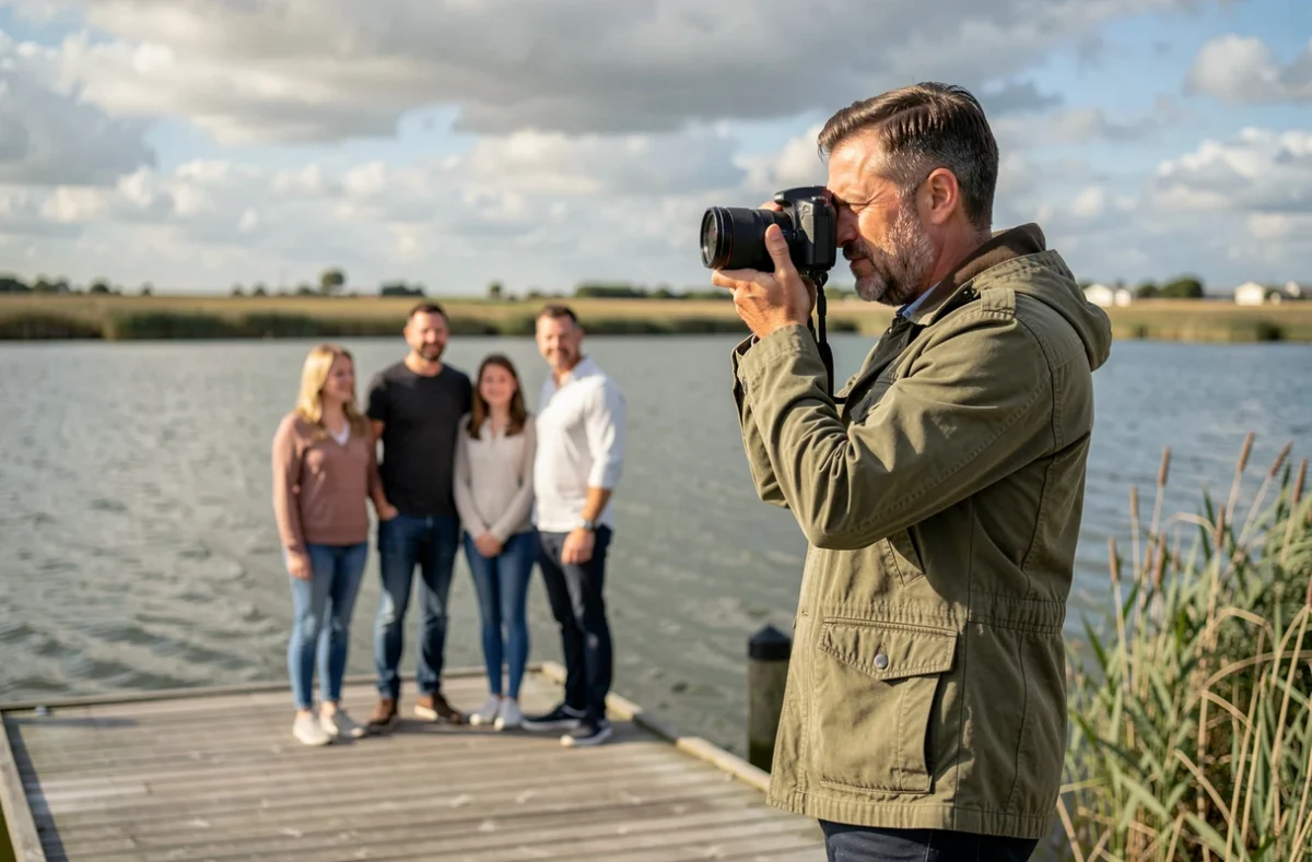 Photographe réalisant un shooting famille au bord de l'Étang de Berre près de Marignane