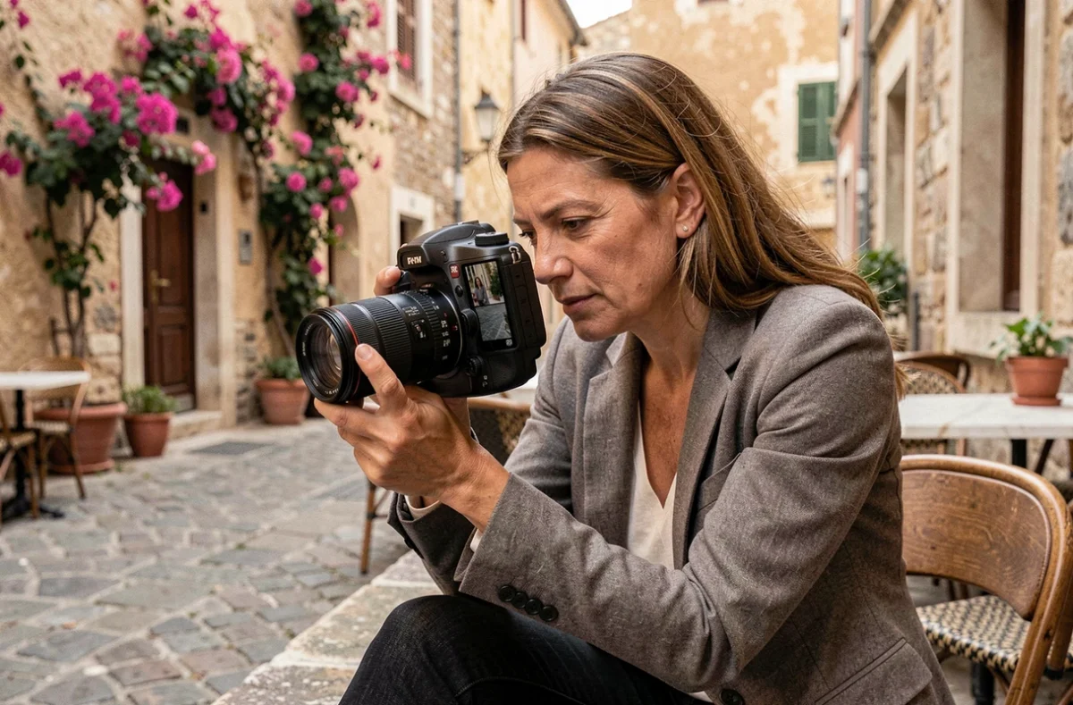 Photographe femme révisant ses photos sur son appareil dans un café typique de la vieille ville de Menton