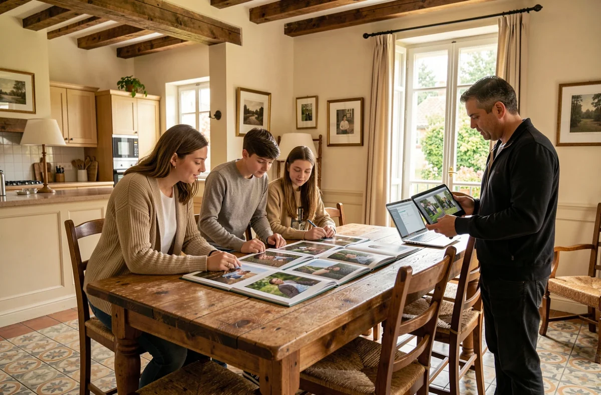 Photographe de Genas présentant des albums photo à une famille lors d'une consultation à domicile