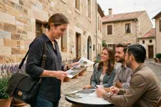 Photographe professionnelle rencontrant des clients à Genas pour discuter d'un projet photo personnalisé en terrasse