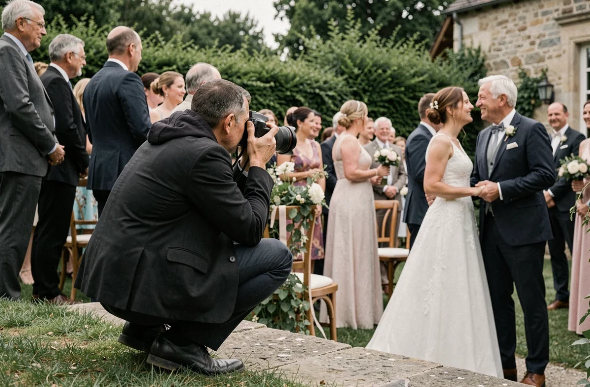 Photographe discret en action lors d'une cérémonie de mariage à Angers, style documentaire et reportage