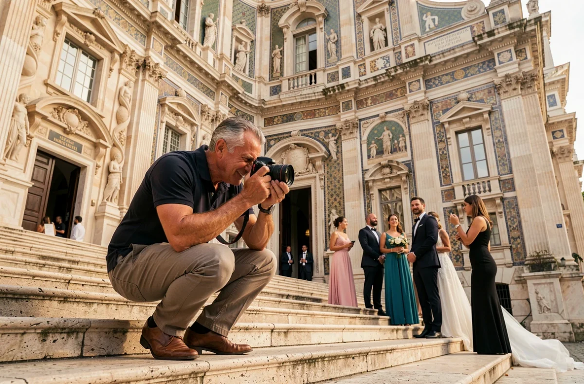 Photographe de mariage en action devant la Basilique Saint-Michel de Menton lors d'une séance photo