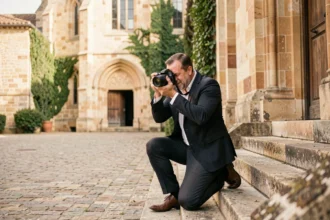 Photographe de mariage professionnel en train de shooter devant une église en pierre à Castres