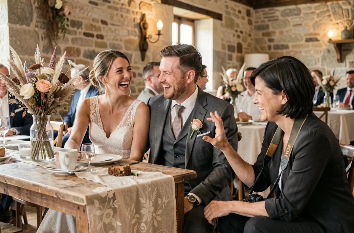 Photographe de mariage capturant un couple qui rit lors d'une réception dans une salle de fête dans le Tarn