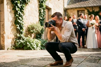Photographe professionnel en action lors d'une cérémonie de mariage en plein air à Créon, en Gironde