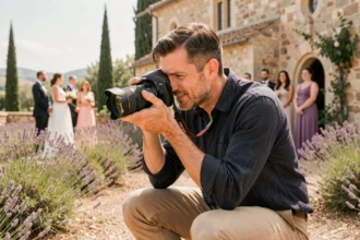 Photographe professionnel en action lors d'un mariage en plein air près d'une chapelle provençale à Marignane