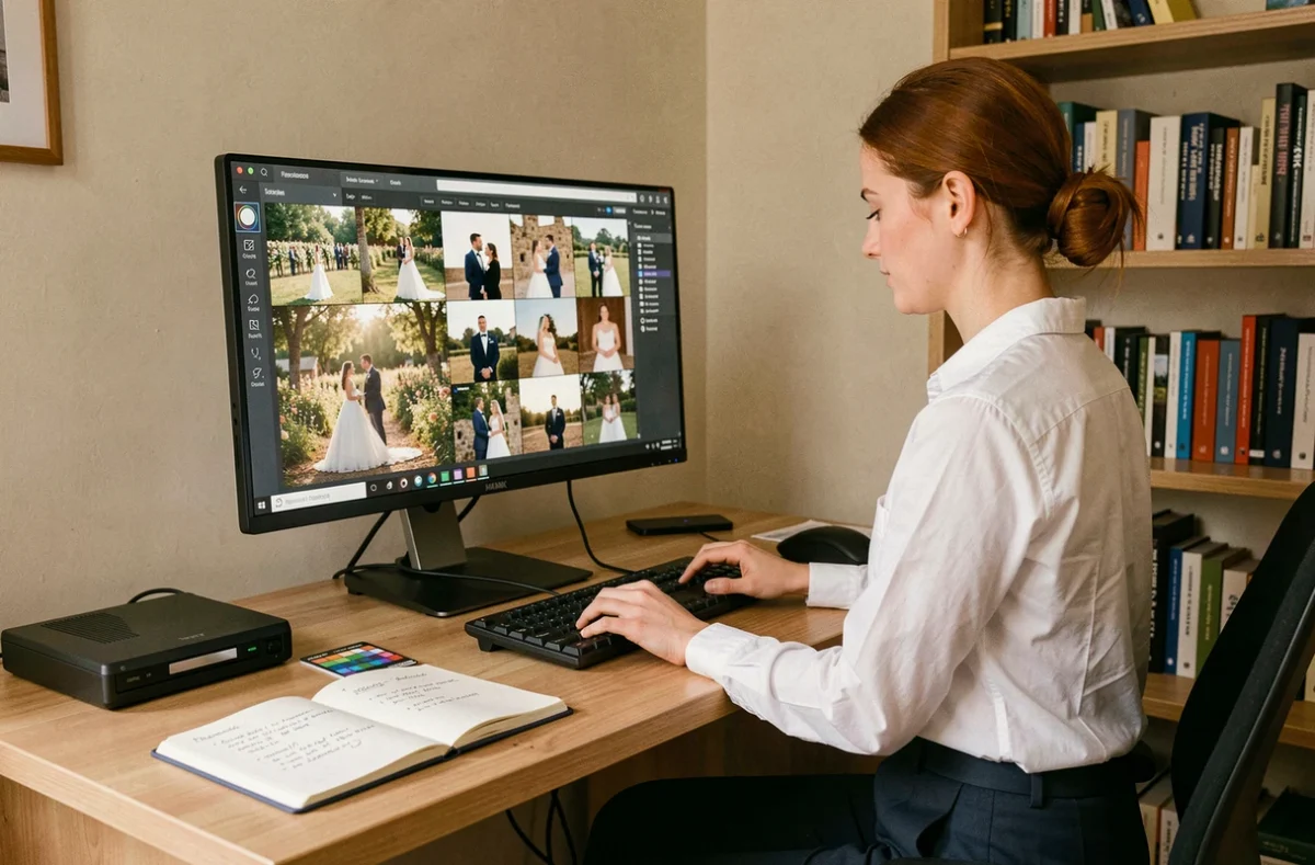 Photographe de mariage retouchant des photos sur ordinateur dans son bureau à domicile près de Castres