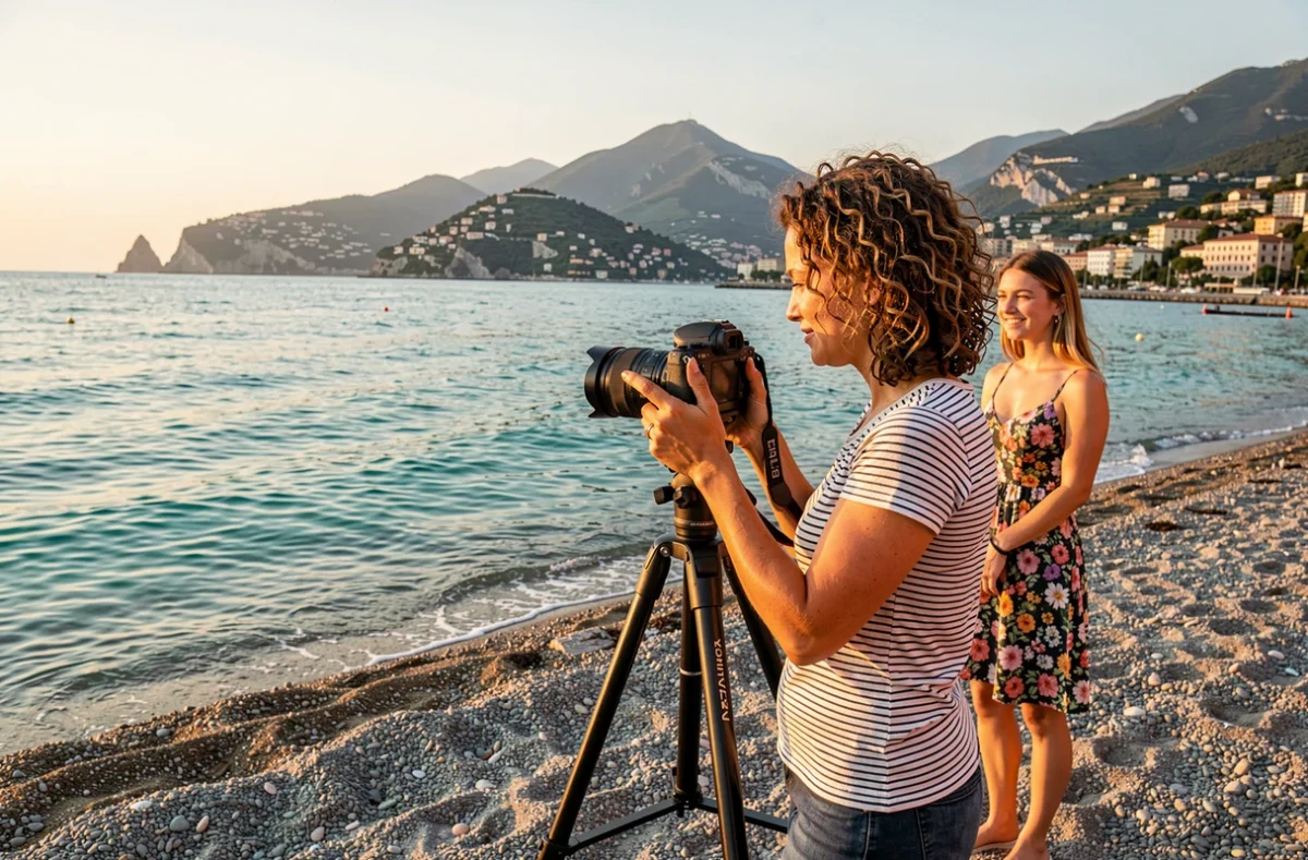 Photographe installant son trépied sur la plage de galets de Menton avec vue sur la Méditerranée