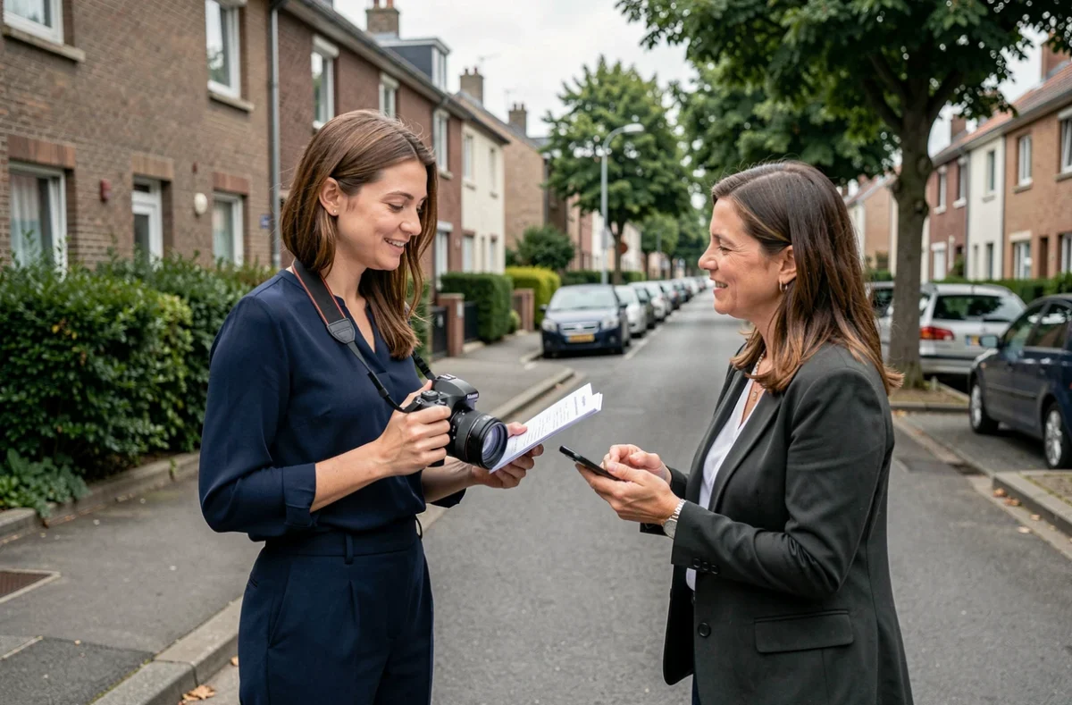 Photographe discutant d'un planning de réservation avec une cliente dans une rue de Chelles