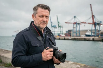 Photographe professionnel posant devant le port de Dunkerque avec son appareil photo reflex