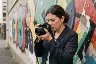 Photographe professionnelle devant une fresque urbaine à Montfermeil, appareil photo à la main