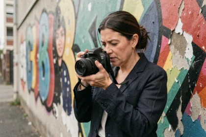 Photographe professionnelle devant une fresque urbaine à Montfermeil, appareil photo à la main
