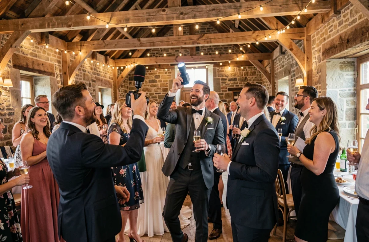 Photographe de reportage en mouvement lors d'un mariage en Maine-et-Loire, approche journalistique et spontanée