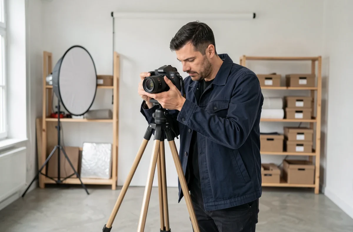 Photographe de studio à Genas préparant son équipement pour une séance photo sur mesure