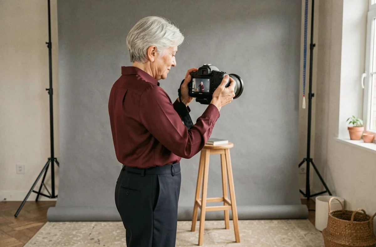 Photographe professionnelle vérifiant ses clichés dans un studio photo à Marignane