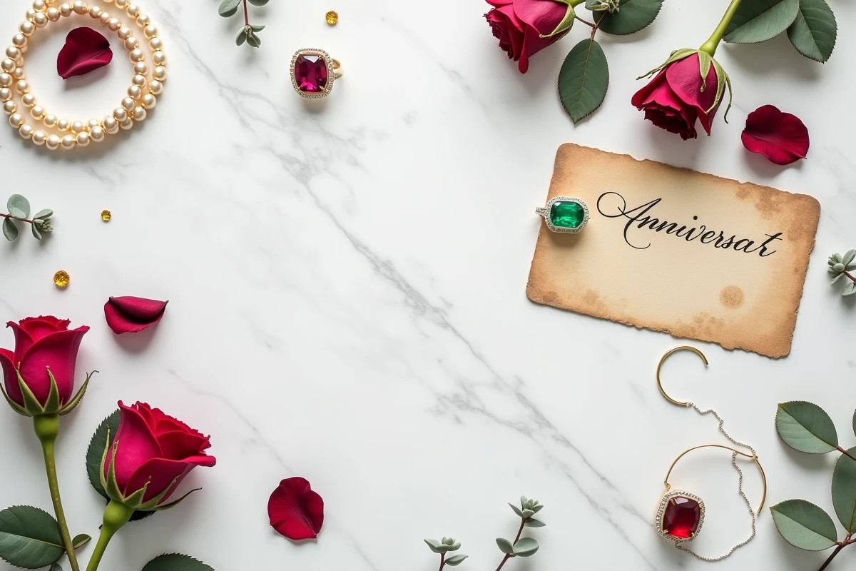 Flat lay de pierres précieuses symboliques des noces de mariage sur marbre blanc, rubis, émeraude et perles
