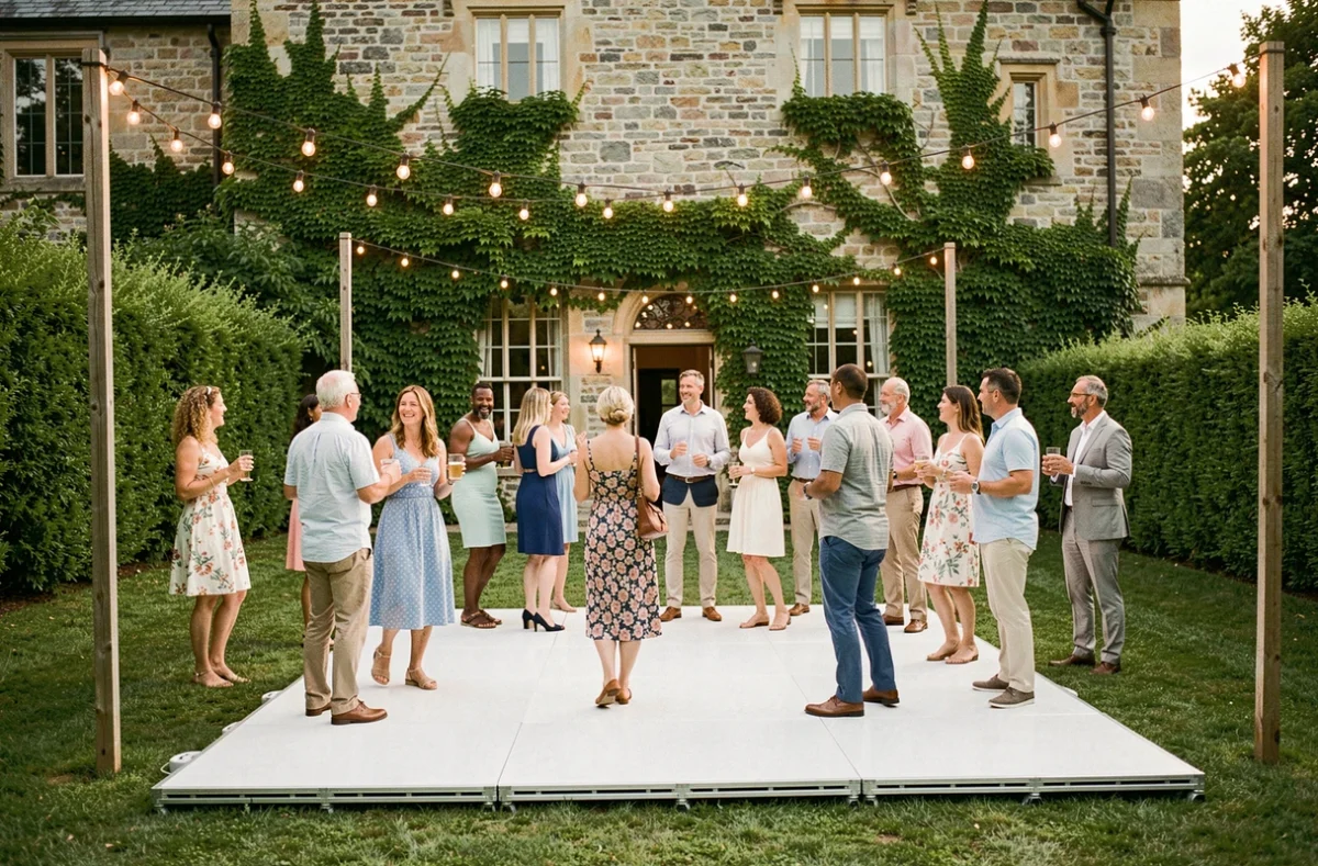 Piste de danse blanche installée en extérieur lors d'une soirée estivale dans un jardin de manoir