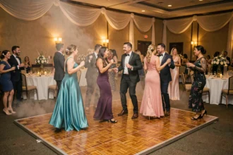 Piste de danse portable installée lors d'une soirée élégante avec des invités qui dansent dans une salle décorée